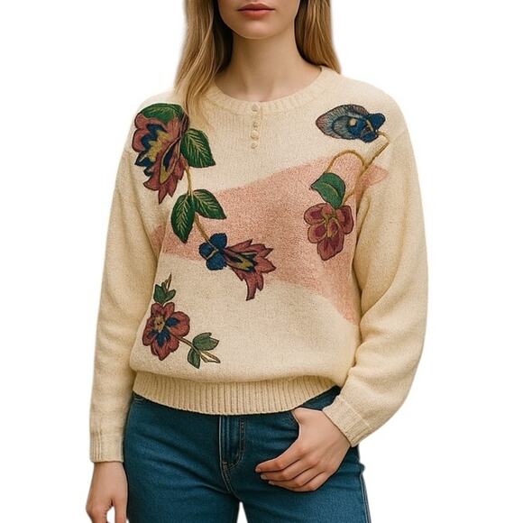Vintage Sweaters - Vintage 90s Floral Embroidered Sweater L Cream Pearl Applique Cottagecore Retro